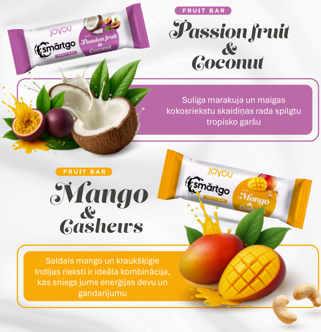 Augļu proteīna batoniņi: 'Passion fruit & Coconut' un 'Mango & Cashews' no Joyou