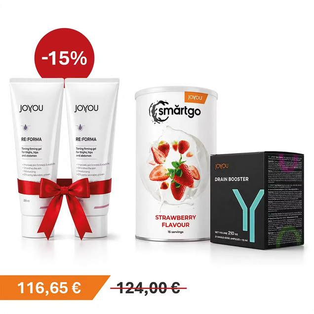 Trīs produkti no zīmola JOYOU: divas RE-FORMA tonizējošās želejas ar sarkanu lentu, smārtgo zemeņu garšas pulveris, un Drain Booster melnajā iepakojumā. 15% atlaide.