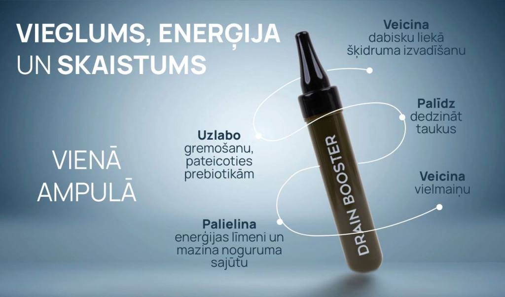 Ampula ar uzrakstu "Drain Booster", kas palīdz uzlabot gremošanu, palielina enerģijas līmeni un veicina dabisko šķidruma izvadīšanu.