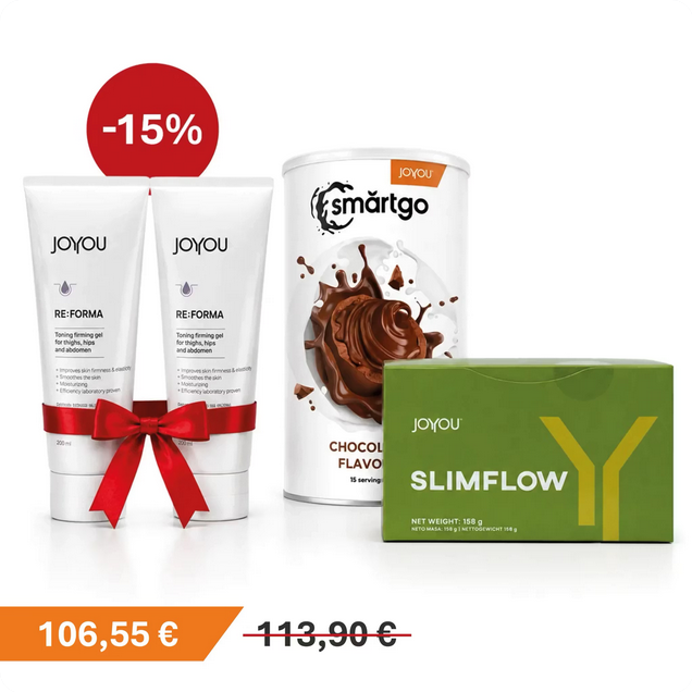 Trīs produkti no zīmola JOYOU: divas krēmi RE-FORMA ar sarkanu svētku loku, Smartgo šokolādes aromāta pulvera kārba un Slimflow iepakojums. Uzskaitīta atlaide 15% un cenas pirms un pēc atlaides.